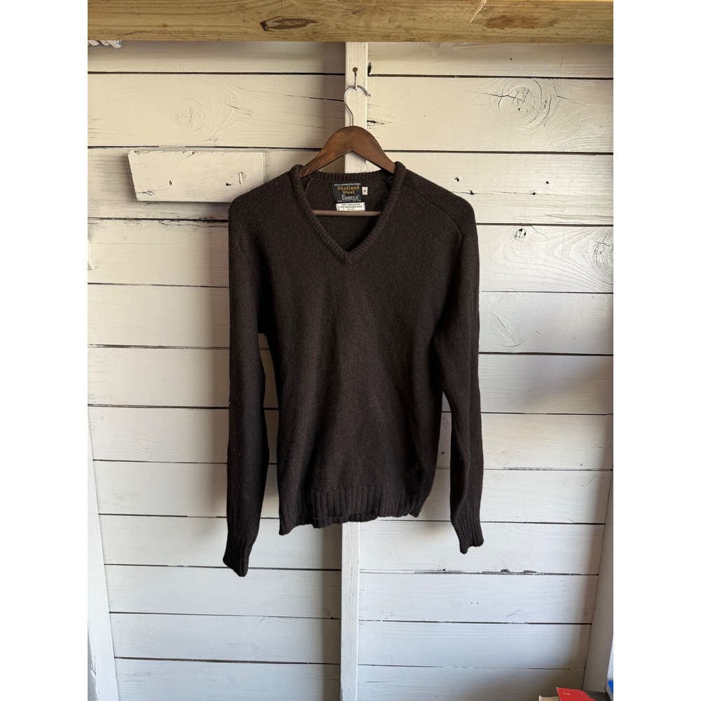 Vintage Campus Shetland Wool Sweater Mens Medium Brown V-Neck Made in USA Raglan